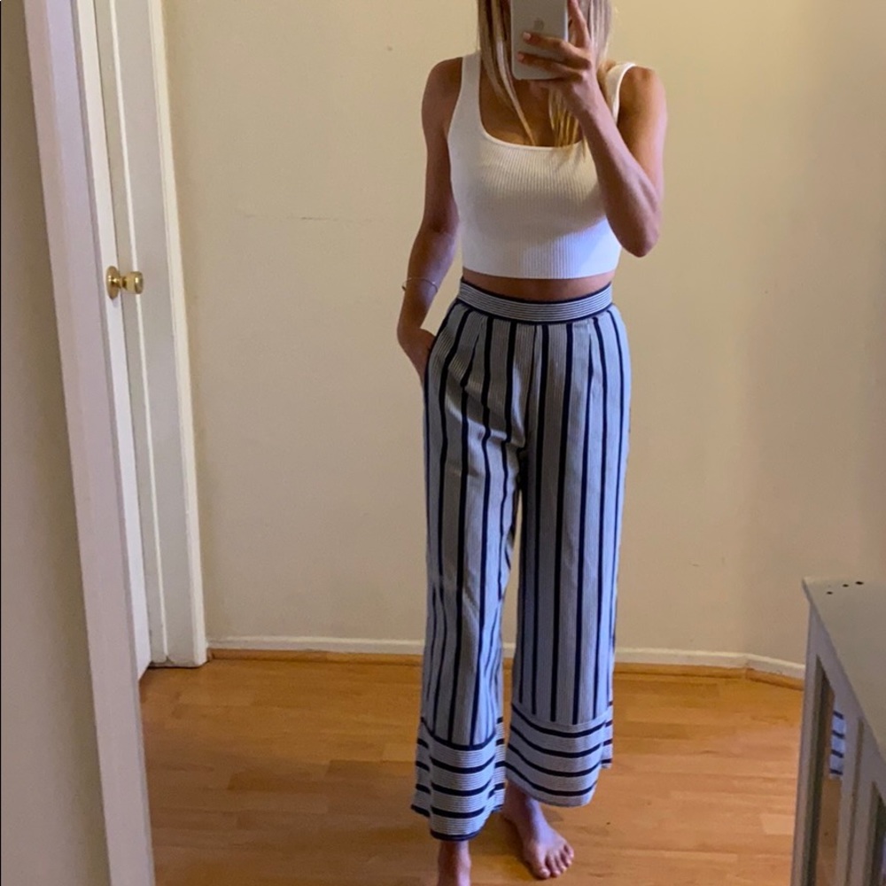 Navy Blue and White Stripe Wide Leg Pants